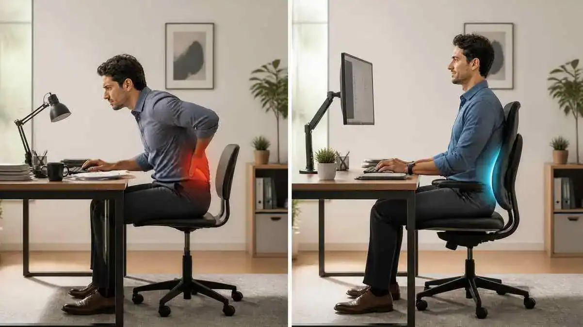 Poor posture vs proper posture while sitting, showing back pain from sitting too long, lumbar-supported sitting, and a neutral spine at an office desk.