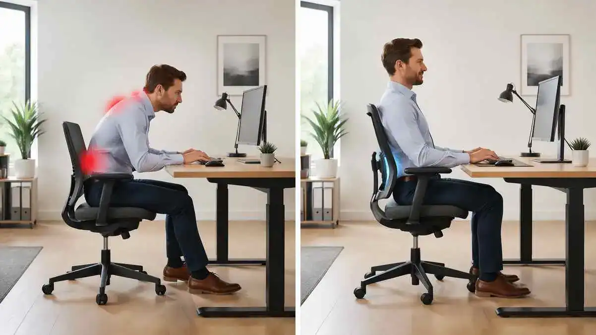 Best sitting position for back pain showing poor posture vs proper sitting posture with a neutral spine, lumbar support, and an ergonomic office desk setup.
