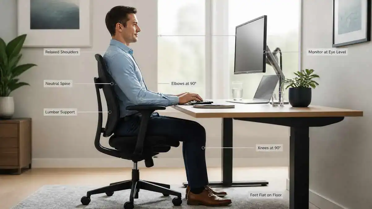 Person demonstrating how to sit properly in a chair to avoid back pain with a neutral spine, lumbar support, feet flat on the floor, and an ergonomic desk setup.