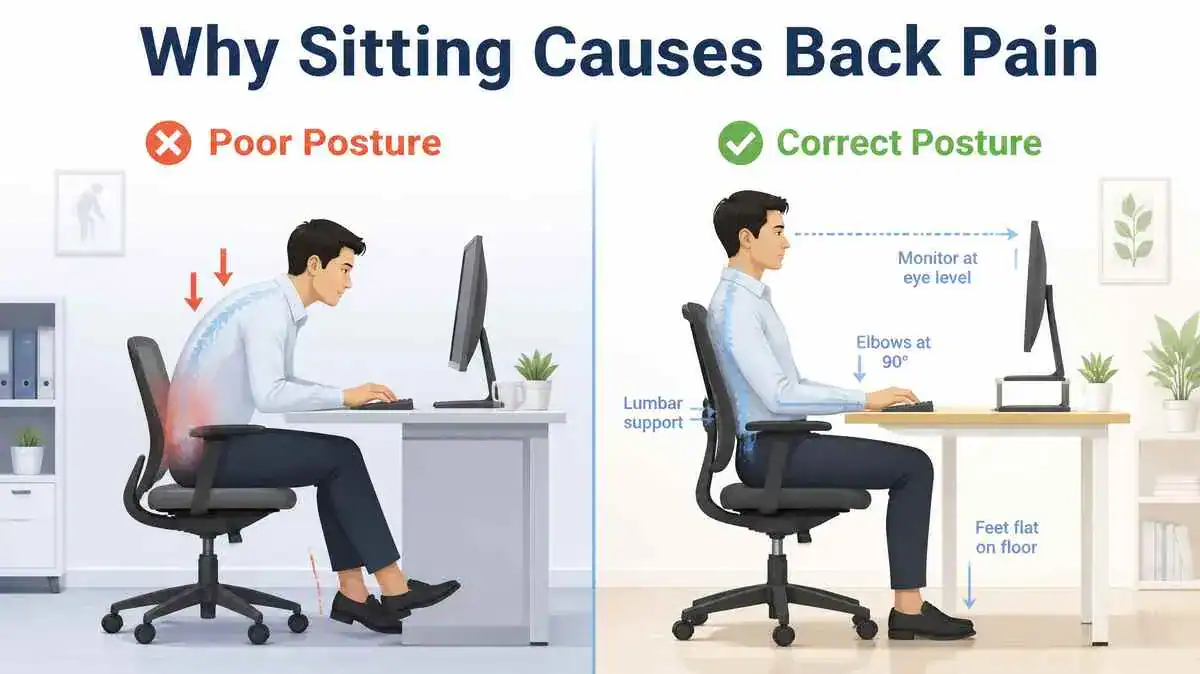 Illustration showing what causes back pain when sitting, comparing poor posture with correct sitting posture, lumbar support, monitor height, and desk ergonomics.