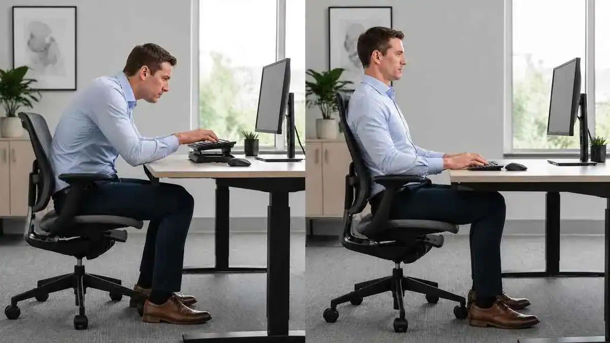 Proper keyboard position showing correct keyboard height, keyboard distance, neutral wrists, relaxed shoulders, and supported sitting posture compared with poor keyboard positioning.