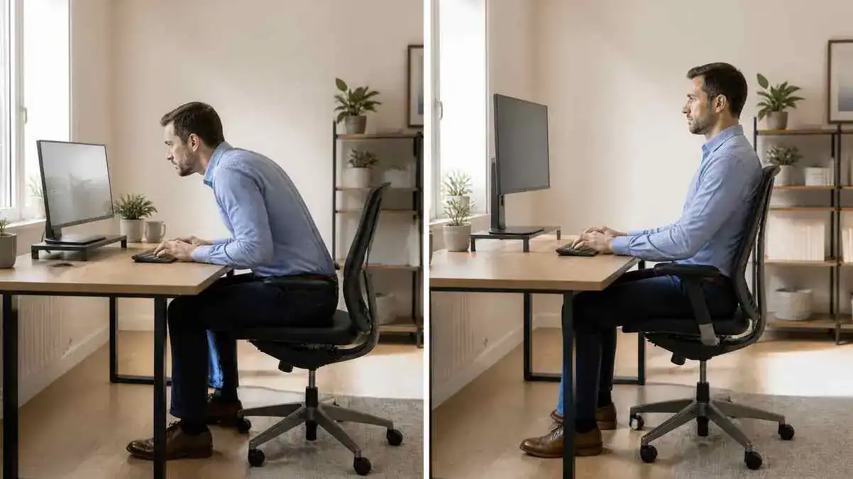 Correct monitor height and position compared with a poor monitor setup, showing proper screen height, neutral posture, and comfortable viewing during computer work.
