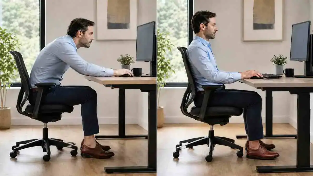 Split-screen comparison showing incorrect and correct desk chair height and positioning for proper ergonomic sitting at a workstation.