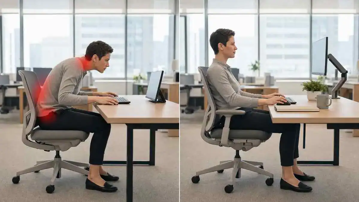 Comparison of poor and proper ergonomic sitting posture showing how desk job back pain and neck pain can develop during prolonged computer work.