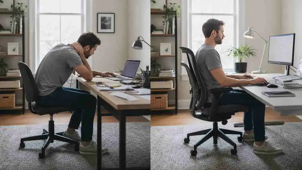 Split-screen showing a poor workstation setup beside a properly arranged ergonomic desk setup with correct chair support, monitor height, keyboard position, and neutral sitting posture.