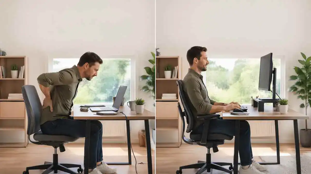 Comparison of proper and poor sitting posture showing how can poor posture result in back pain by affecting spinal alignment during desk work.