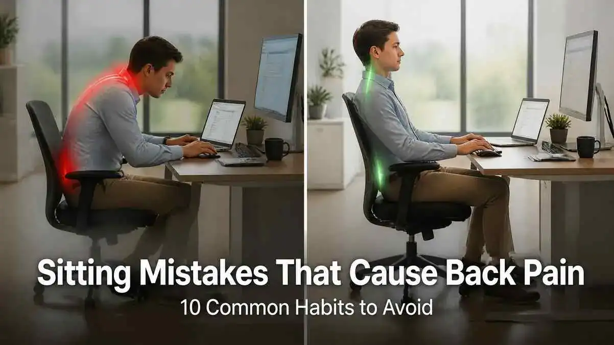 Split-screen showing sitting mistakes that cause back pain compared with correct sitting posture, including slouching, poor lumbar support, and a neutral spine.
