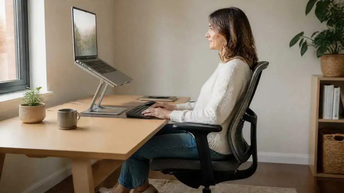 Ergonomic laptop setup with a laptop on a stand, external keyboard and mouse, supportive office chair, and proper sitting posture for comfortable work.