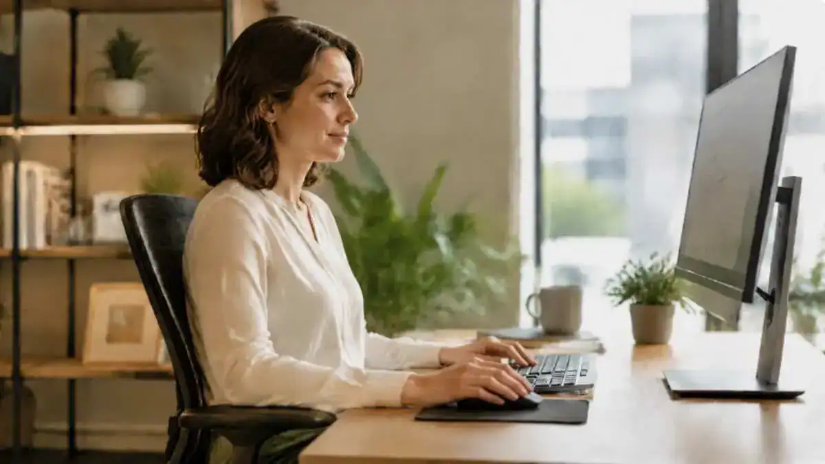 Proper mouse position with the mouse placed beside the keyboard, a straight wrist, a relaxed shoulder, and an ergonomic computer workstation.