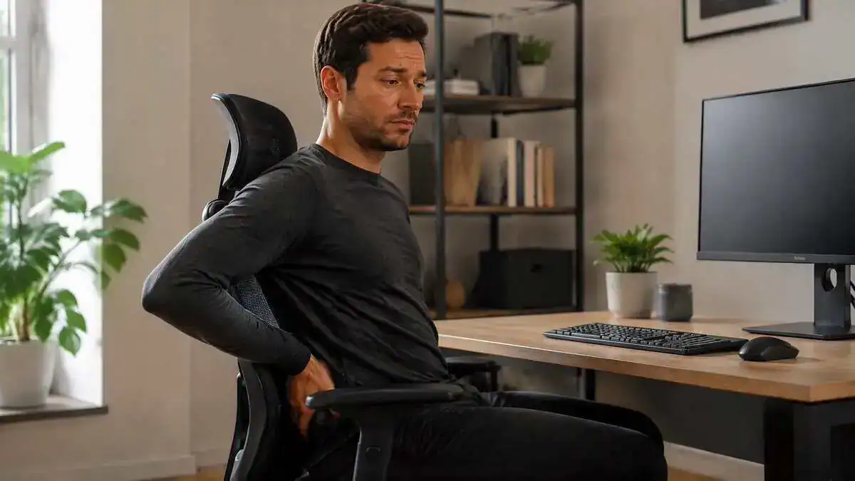 Office worker touching his lower back while sitting against lumbar support in an ergonomic chair