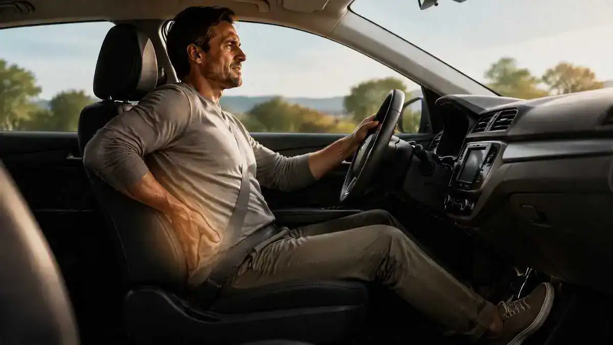 Driver experiencing back pain from driving while sitting in a car