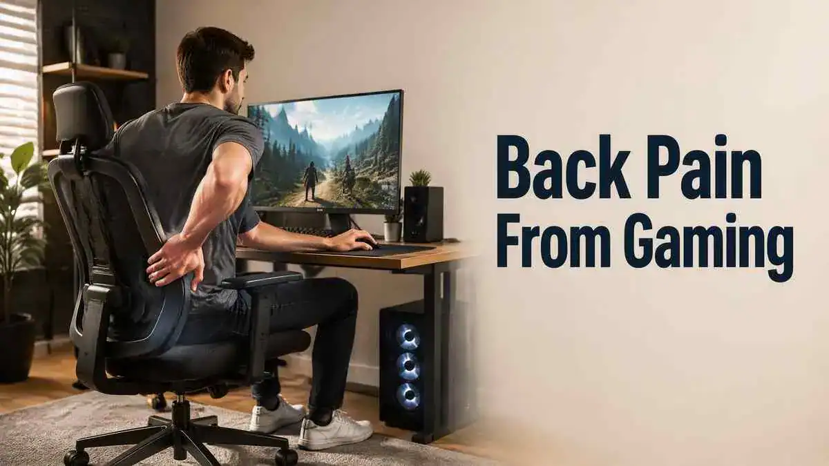 Gamer experiencing back pain from gaming while sitting at a computer setup