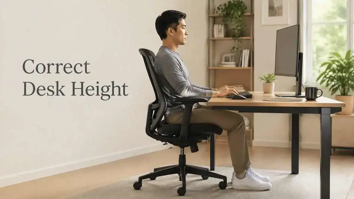 Desk height showing a comfortable ergonomic sitting position at a computer workstation