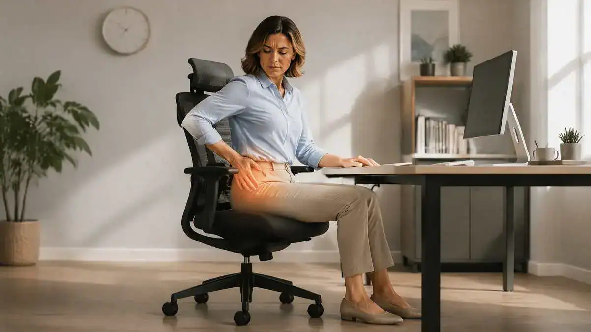 Woman experiencing hip pain when sitting in an office chair