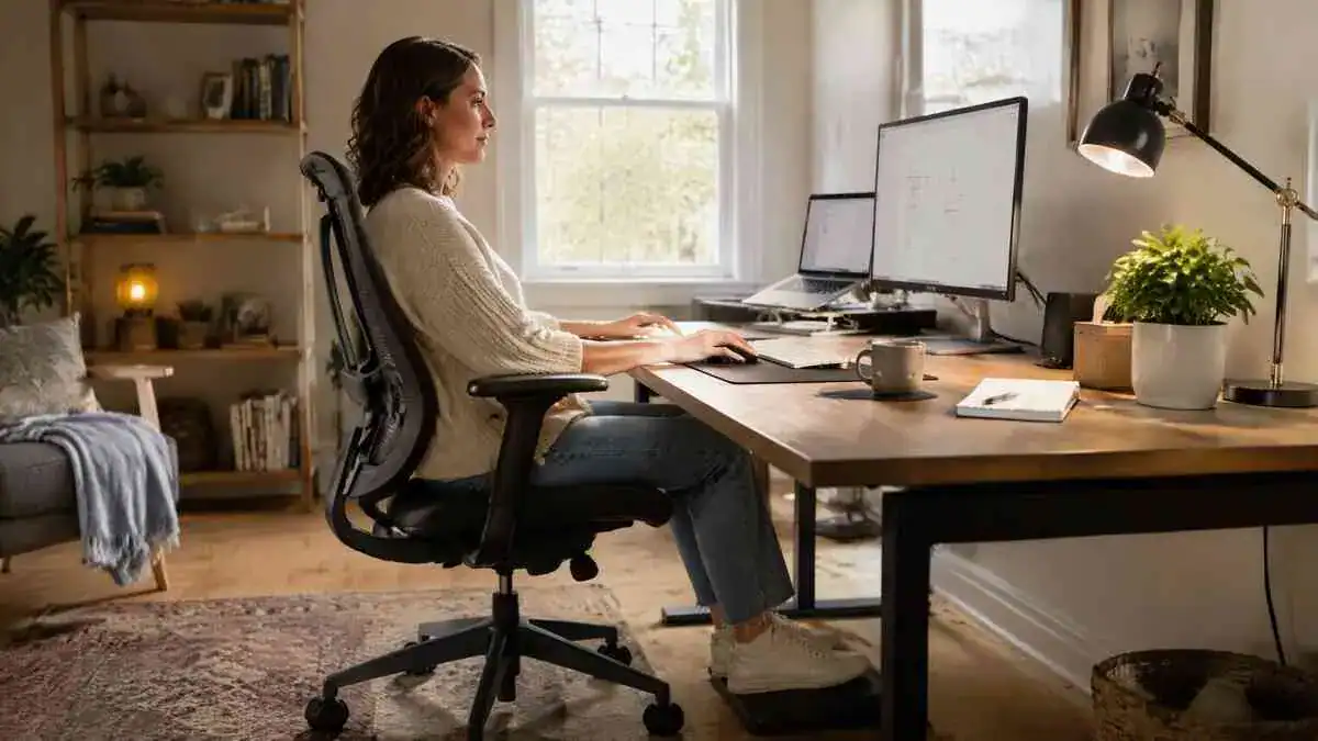 Home office ergonomics setup with supported seating, a raised laptop, external monitor, and foot support