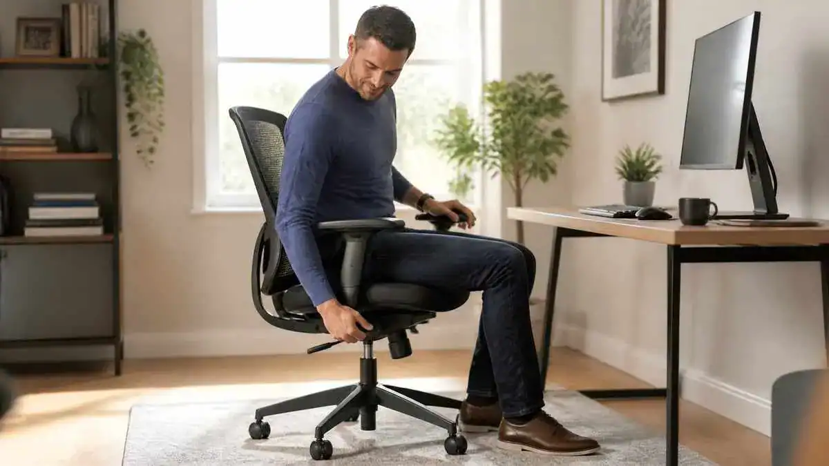 Person adjusting an office chair to check fit before buying