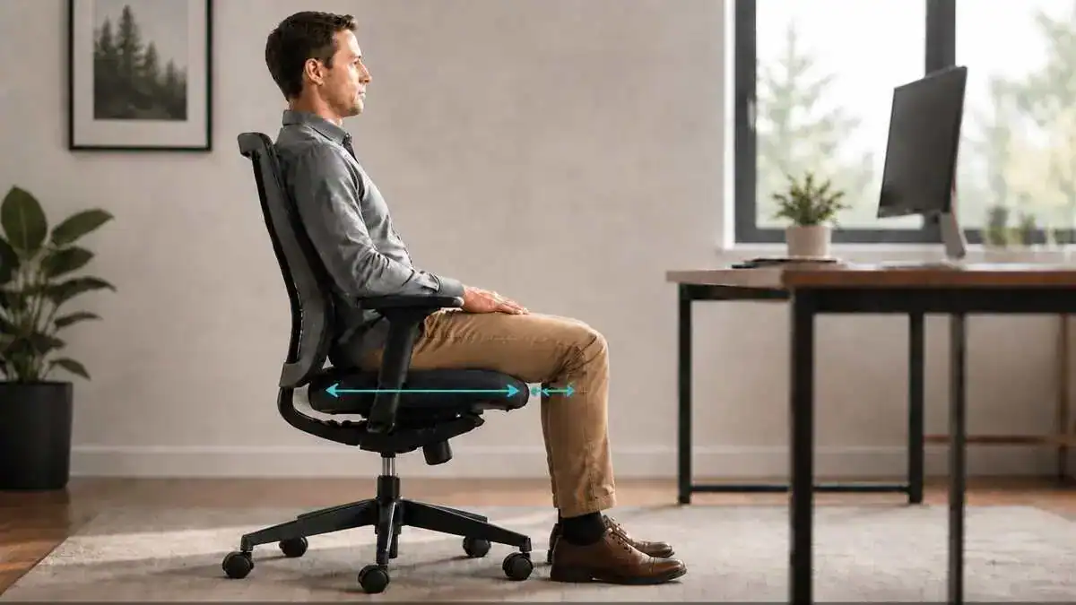 Office chair seat depth showing knee clearance and thigh support