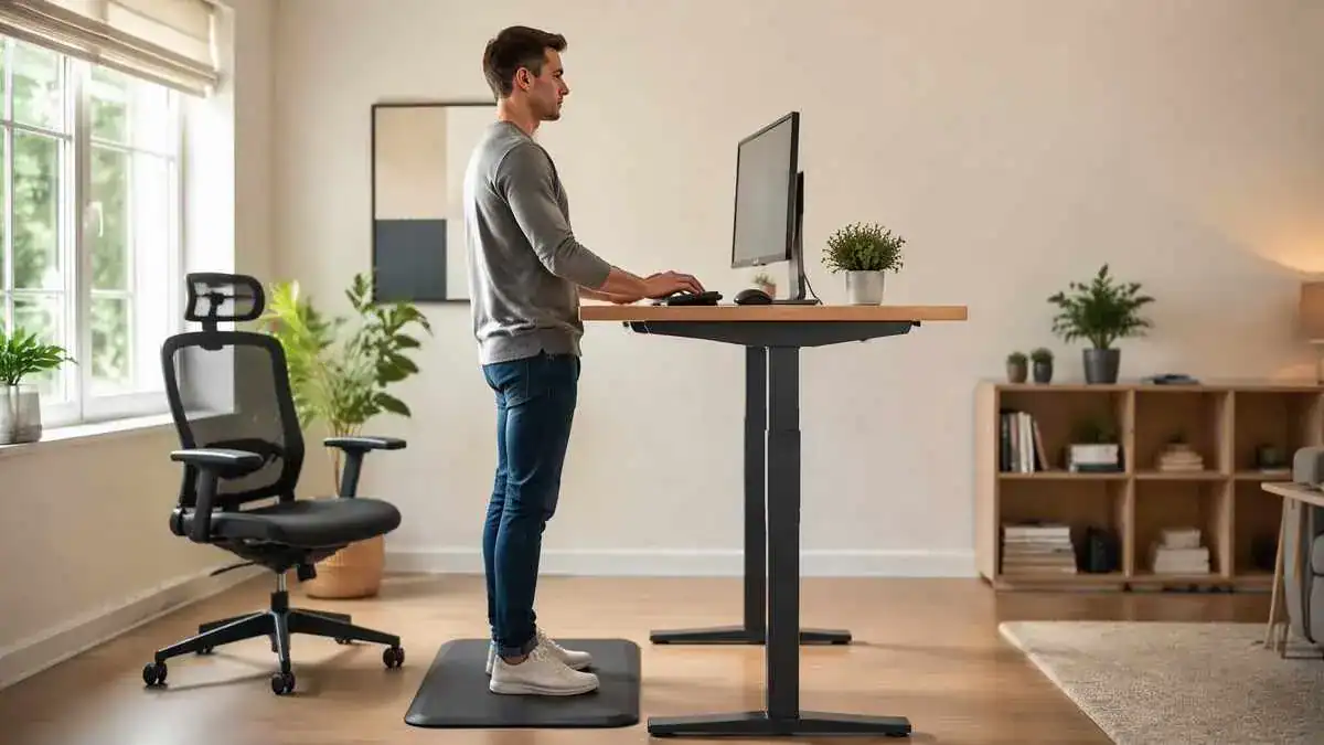 Person using a standing desk ergonomics setup with a monitor, keyboard, mouse, and office chair