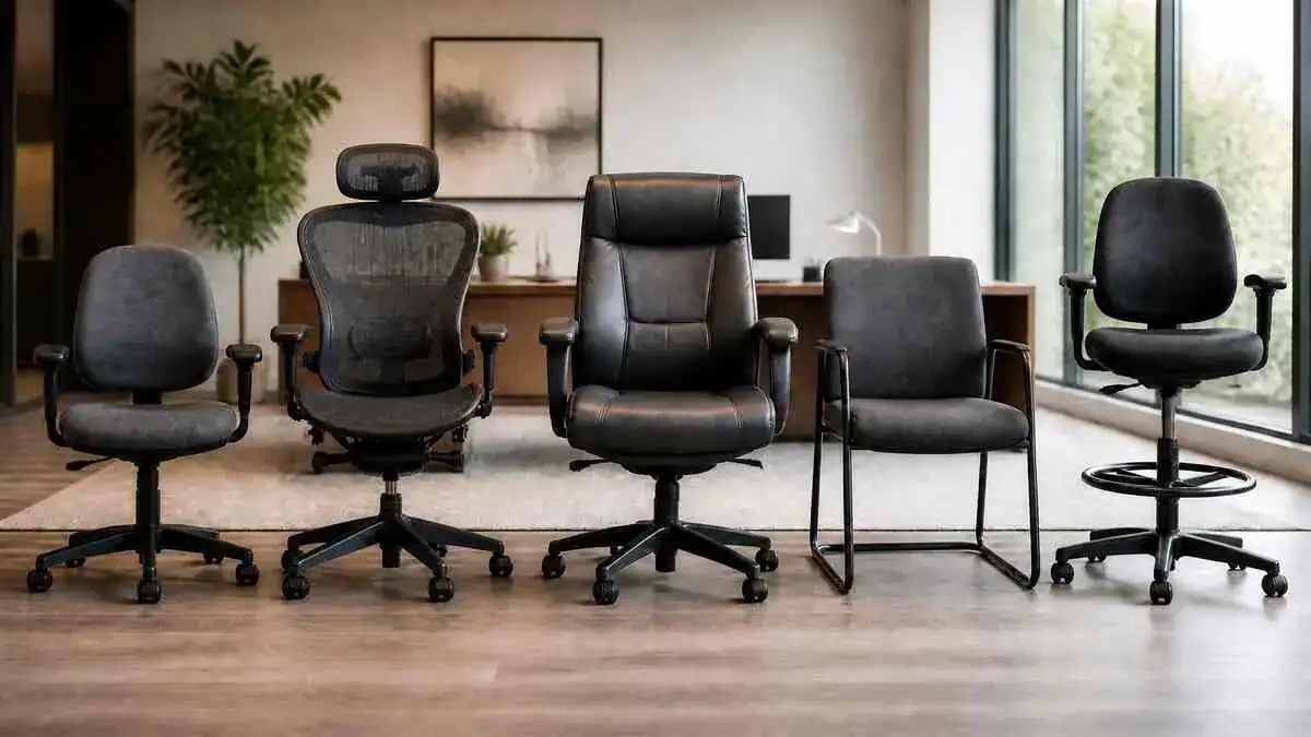 Types of office chairs including task, ergonomic, executive, conference, and drafting chairs