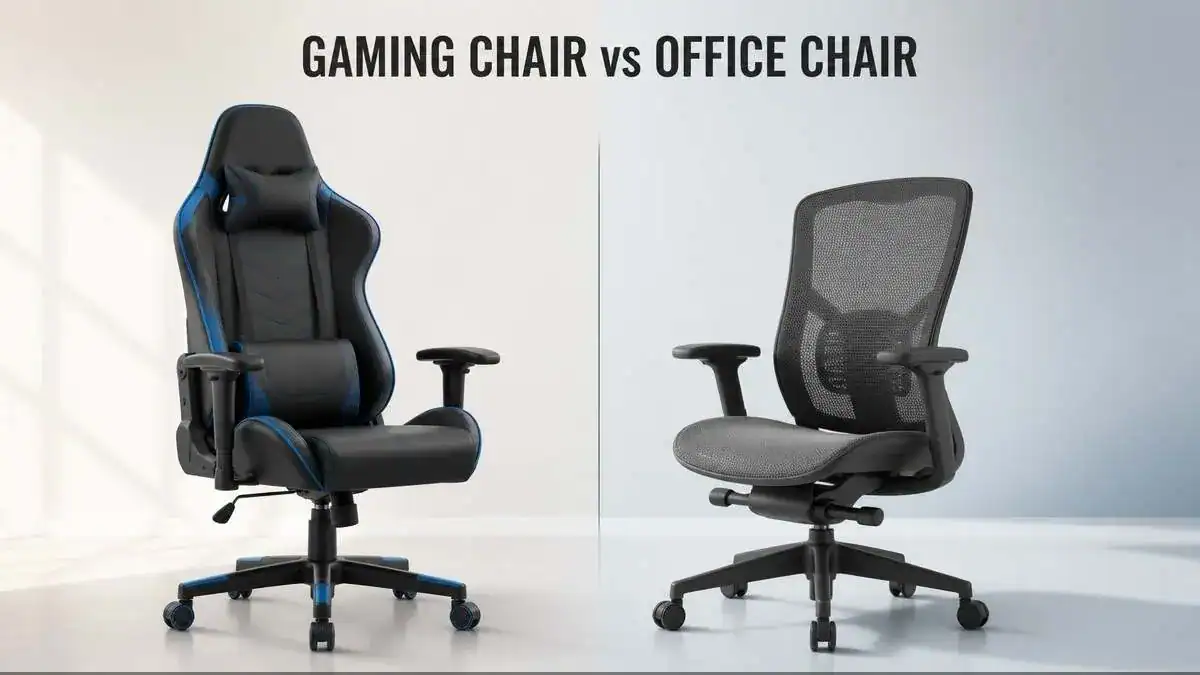 Gaming chair vs office chair side-by-side comparison showing a racing-style seat and a mesh office chair.